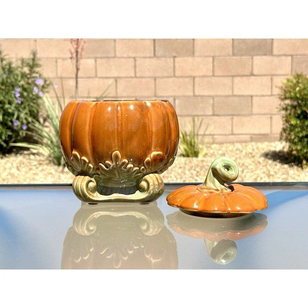 Pumpkin Ceramic Cookie Candy Jar Autumn Fall Halloween w/ Lid Orange Green Stem